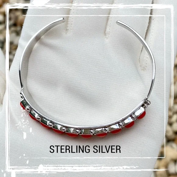 Red Coral Row Sterling Silver Cuff Bracelet - Picture 6 of 11